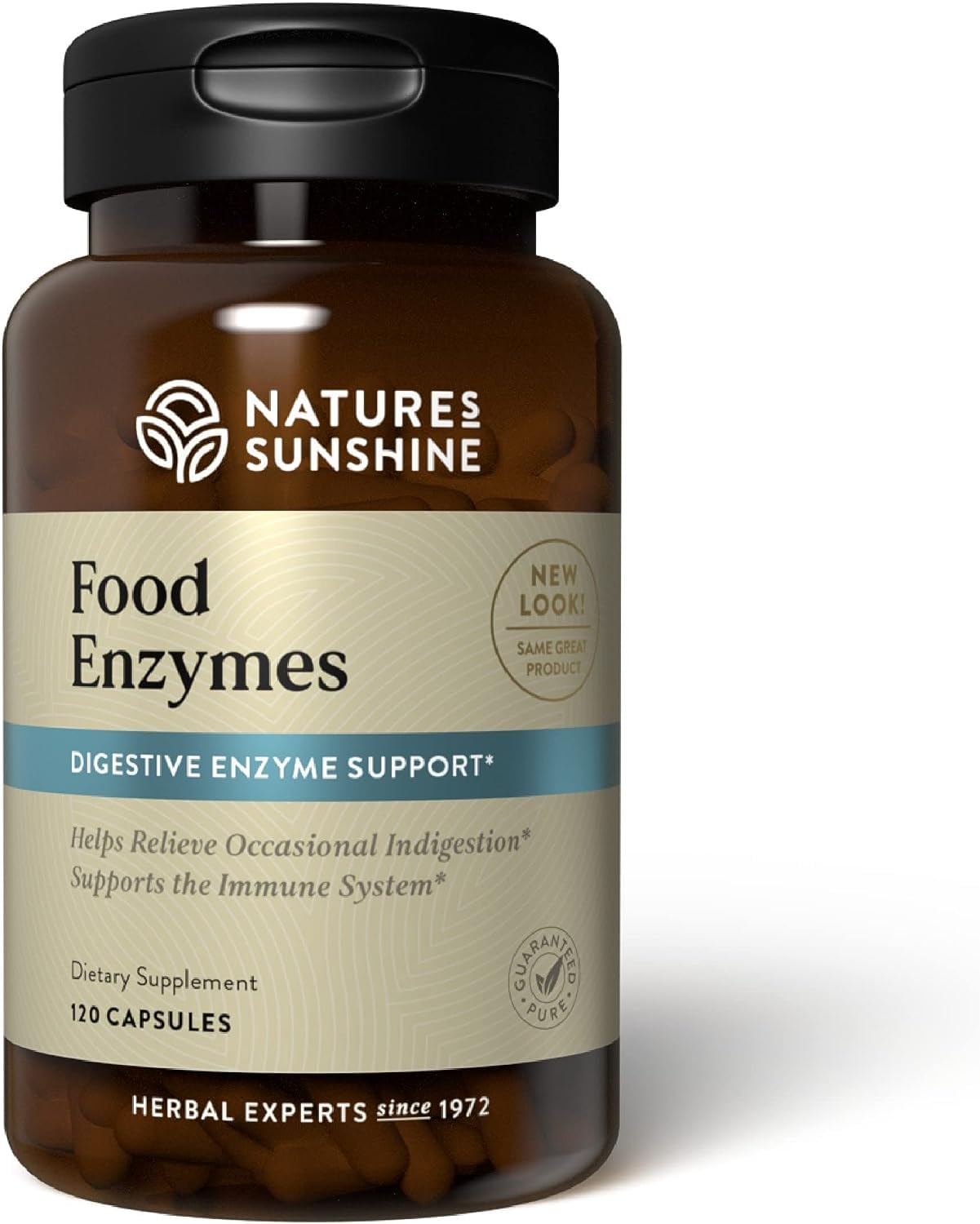 Nature's Sunshine Food Enzymes bottle and capsules aid digestion after meals.