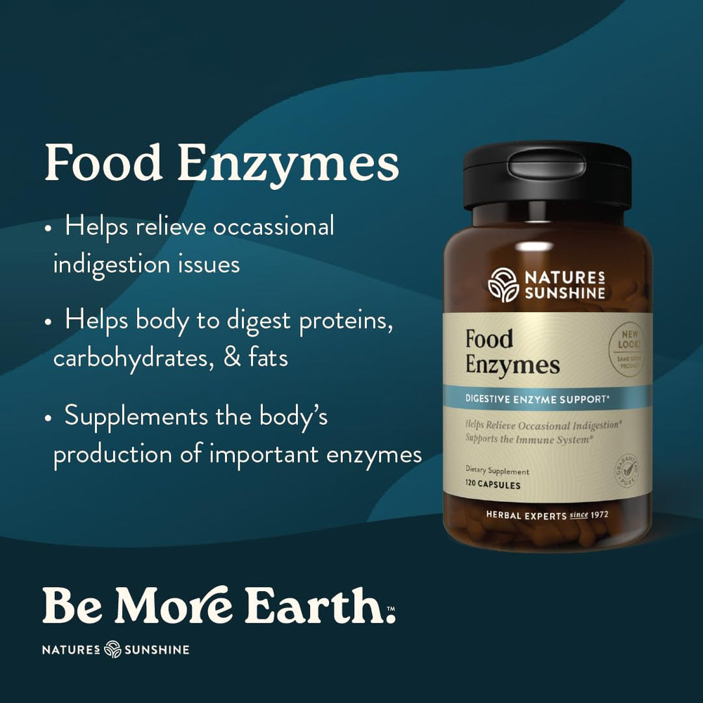 Nature's Sunshine Food Enzymes label closeup highlights enzyme blend for fat, carb, and protein breakdown.