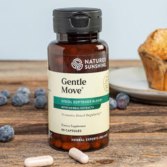 Close-up of Nature's Sunshine Gentle Move label highlighting natural non-stimulant digestive support.