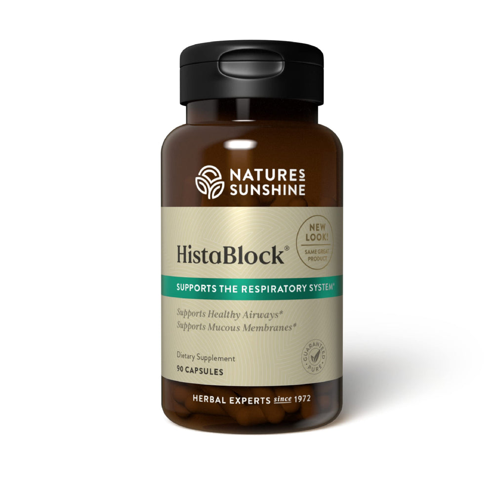 Nature's Sunshine HistaBlock bottle front for seasonal respiratory support.