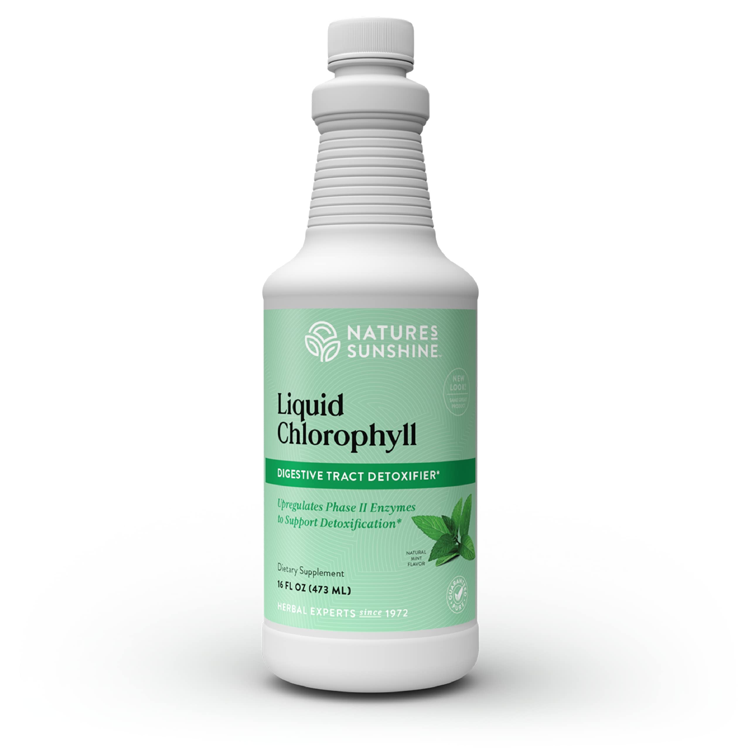 Nature's Sunshine Liquid Chlorophyll bottle poured for a refreshing daily detox ritual.