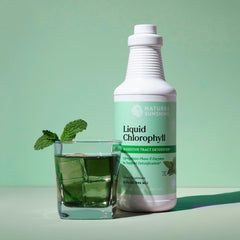 Nature's Sunshine Liquid Chlorophyll Extra Strength dropper close-up emphasizes energy and flavor