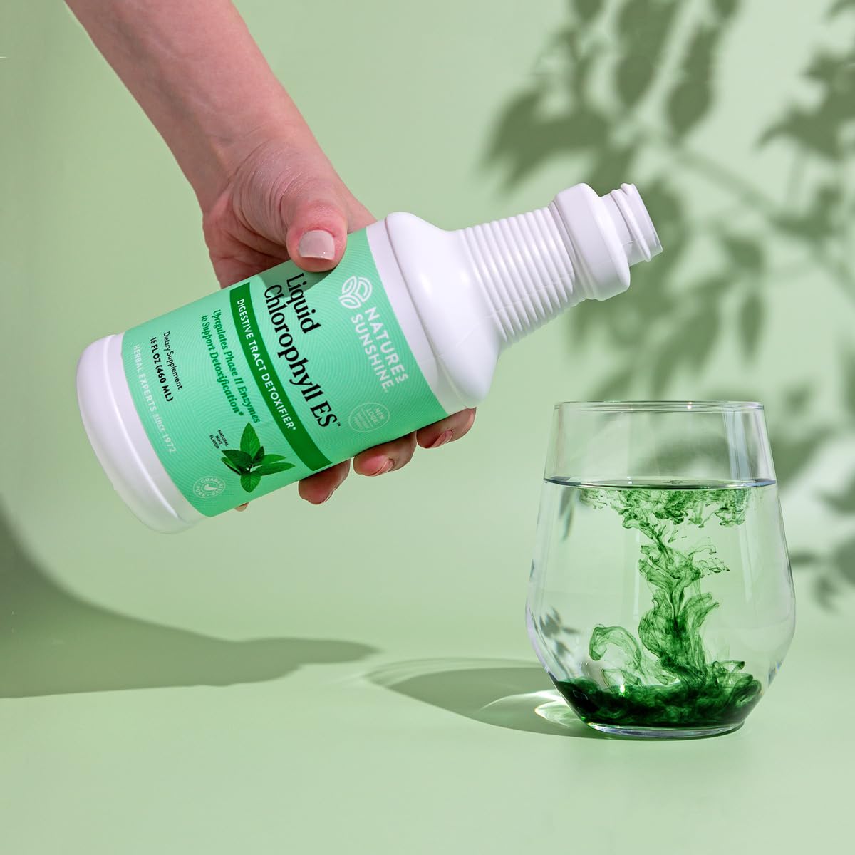 Nature's Sunshine Liquid Chlorophyll Extra Strength label and spoon showing easy measuring
