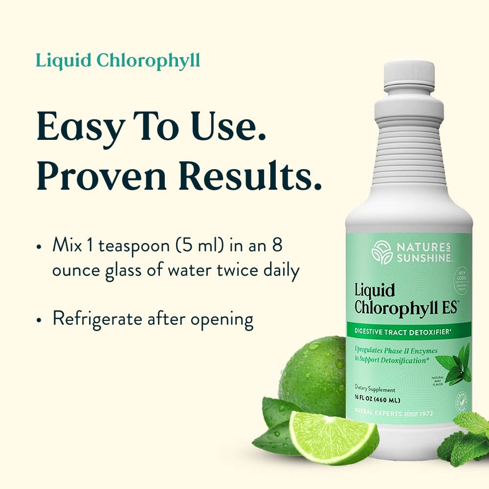 Glass bottle of Nature's Sunshine Liquid Chlorophyll on a kitchen counter for daily vitality.