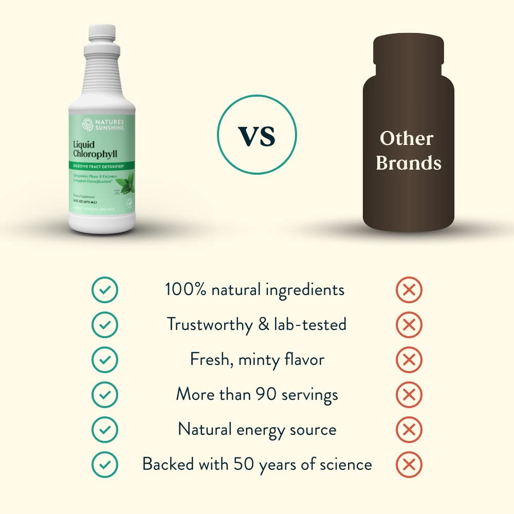 Ingredients panel of Nature's Sunshine Liquid Chlorophyll highlighting plant-based detox support.