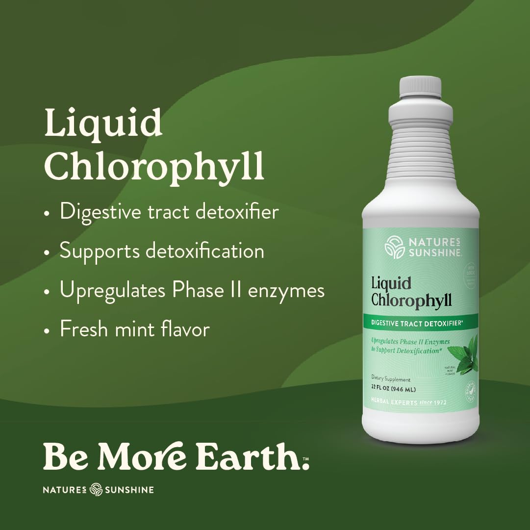 Nature's Sunshine Liquid Chlorophyll label close-up showing spearmint flavor for easy daily use.