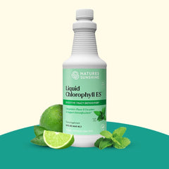 Spearmint-flavored Nature's Sunshine Liquid Chlorophyll stirred into a glass of water.