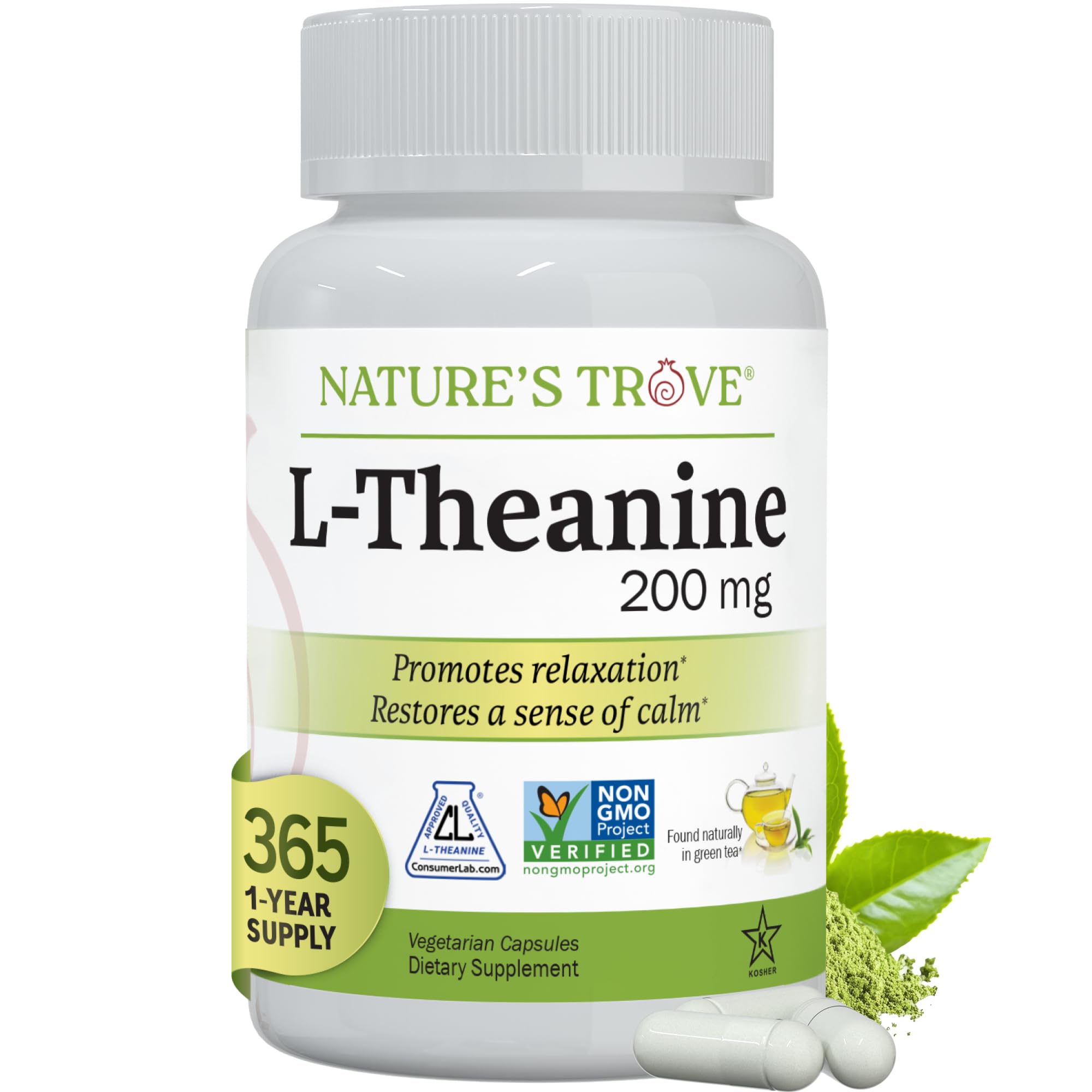 Nature's Trove L-Theanine 200mg capsules in a full bottle for daily use.