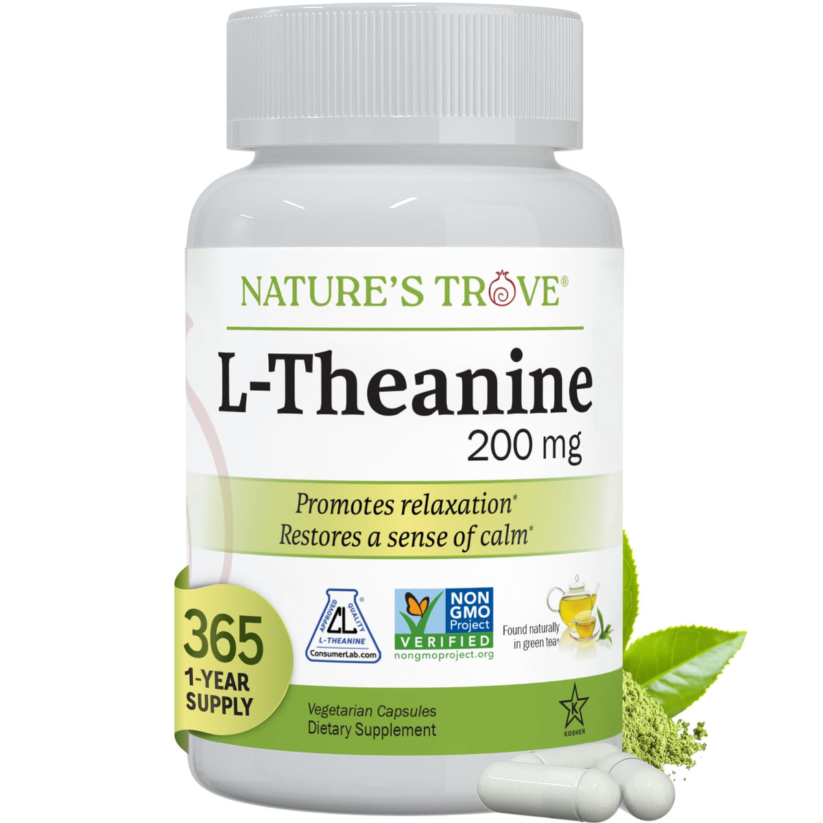 Nature's Trove L-Theanine 200mg capsules in a full bottle for daily use.
