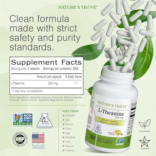 Nature's Trove L-Theanine bottle back label with ingredients and certifications.