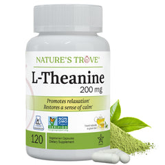 Nature's Trove L-Theanine 200mg bottle front view supports calm focus.