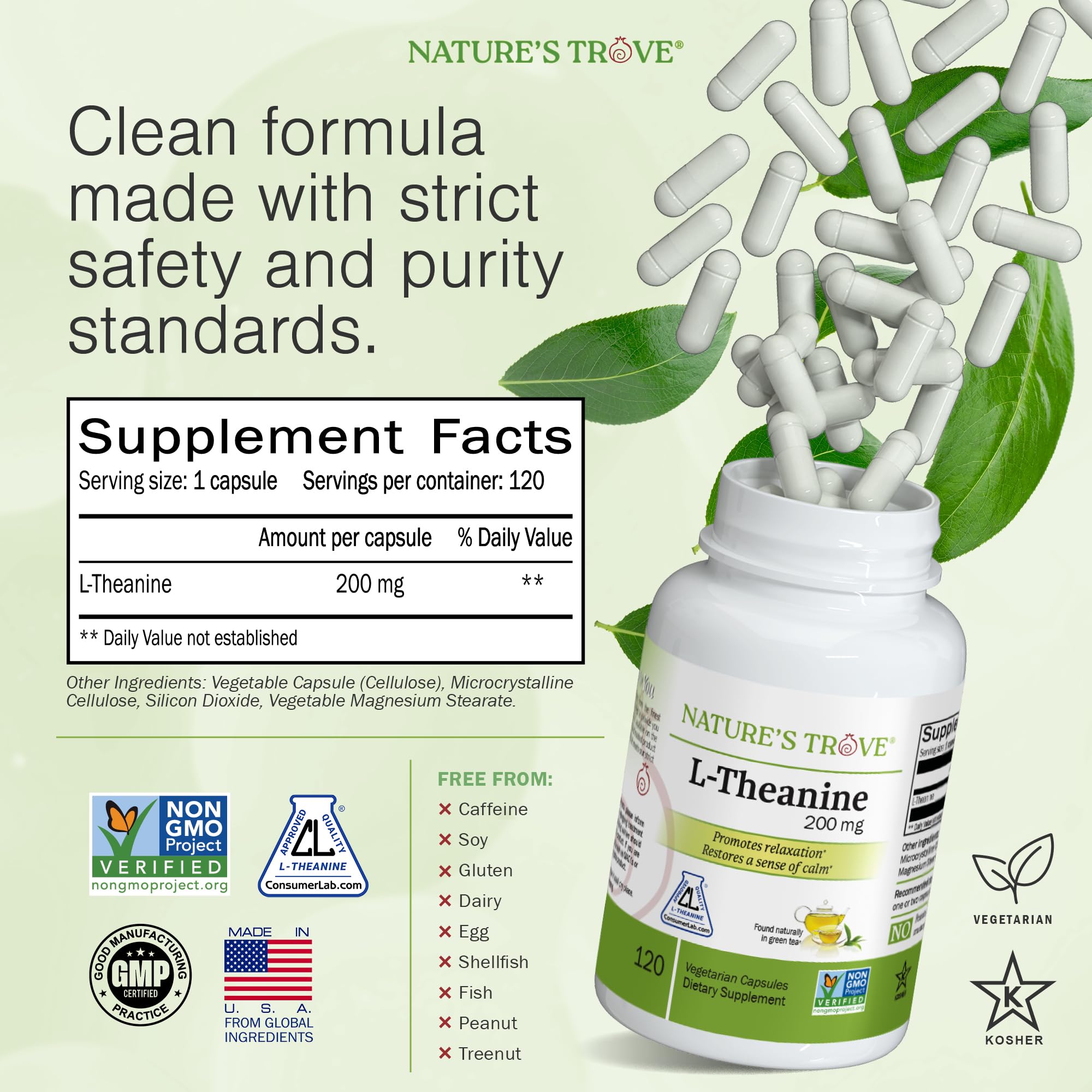 Nature's Trove L-Theanine 200mg capsules close-up for daytime calm.