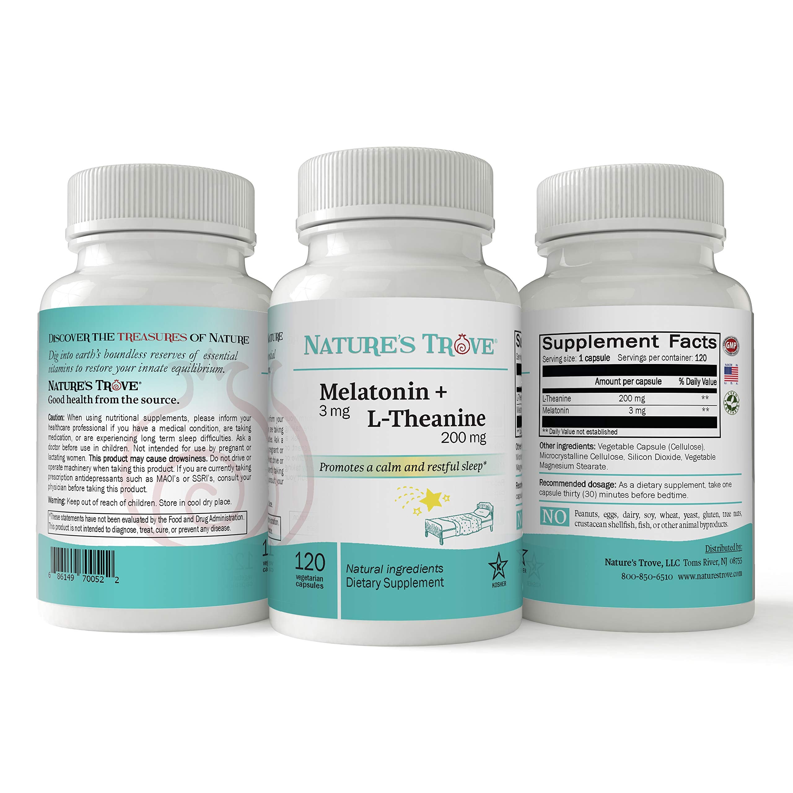 Nature's Trove Melatonin + L-Theanine capsules deliver calm and sleep-friendly support.