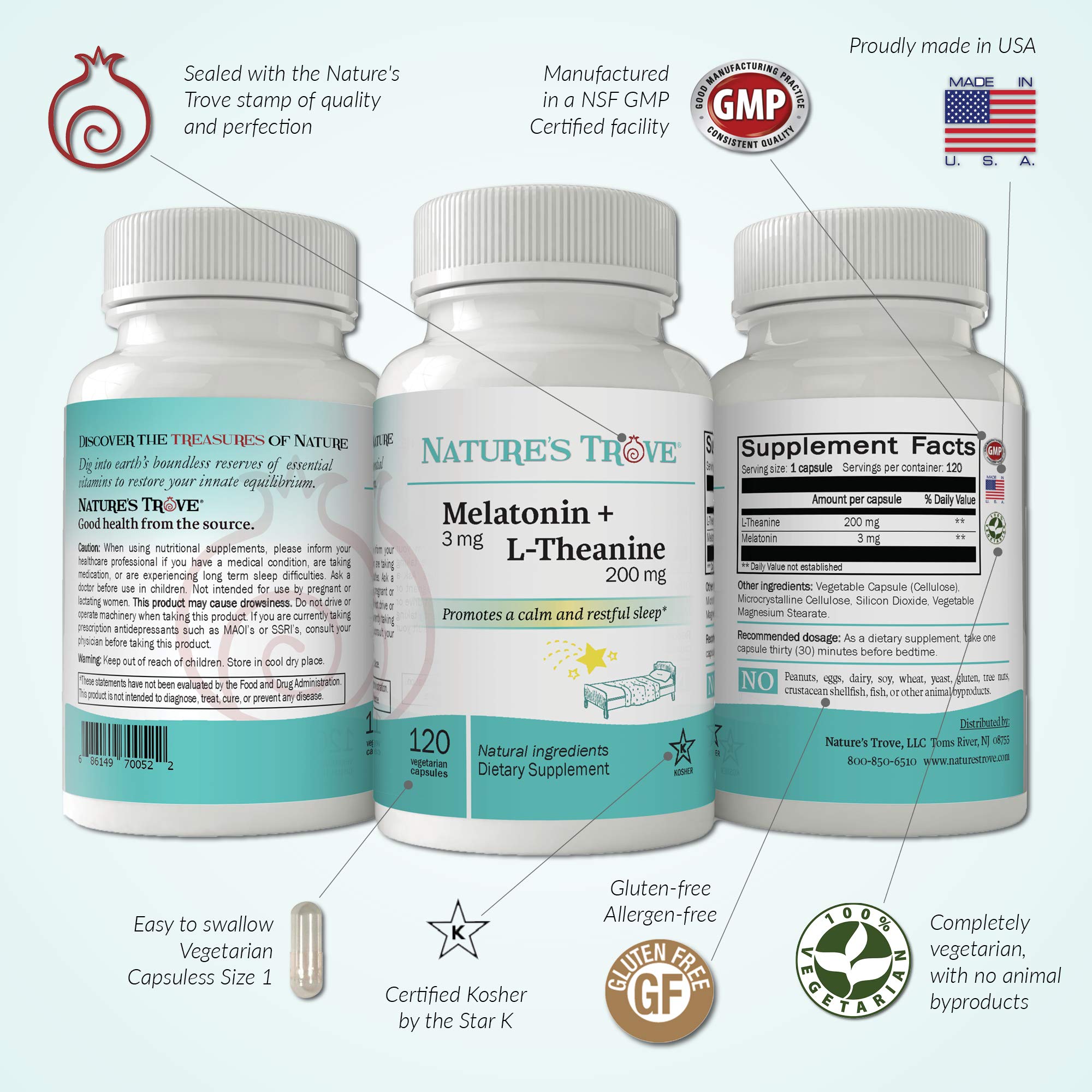 Nature's Trove Melatonin + L-Theanine bottle shown in a GMP-certified facility supporting consistent quality.