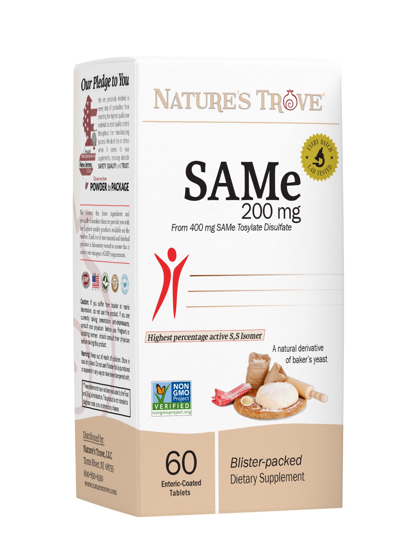 Nature’s Trove SAM-e 200mg bottle with enteric-coated caplets for enhanced absorption.