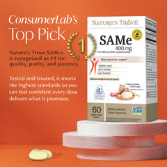 Nature's Trove SAM-e 400mg bottle label emphasizes enteric coating and high active isomer