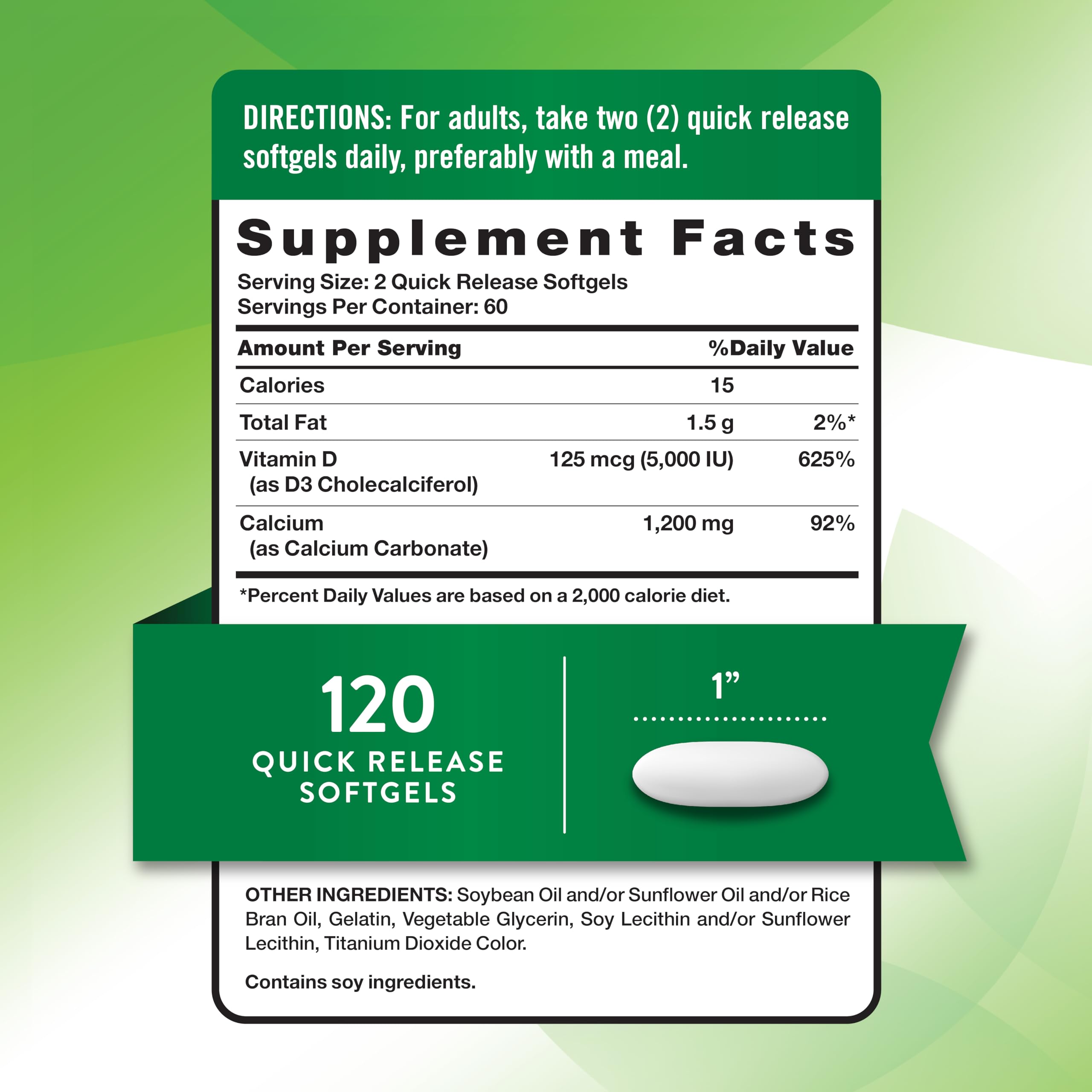 Nature's Truth absorbable calcium 1200 mg with D3 5000 IU label closeup showing key benefits