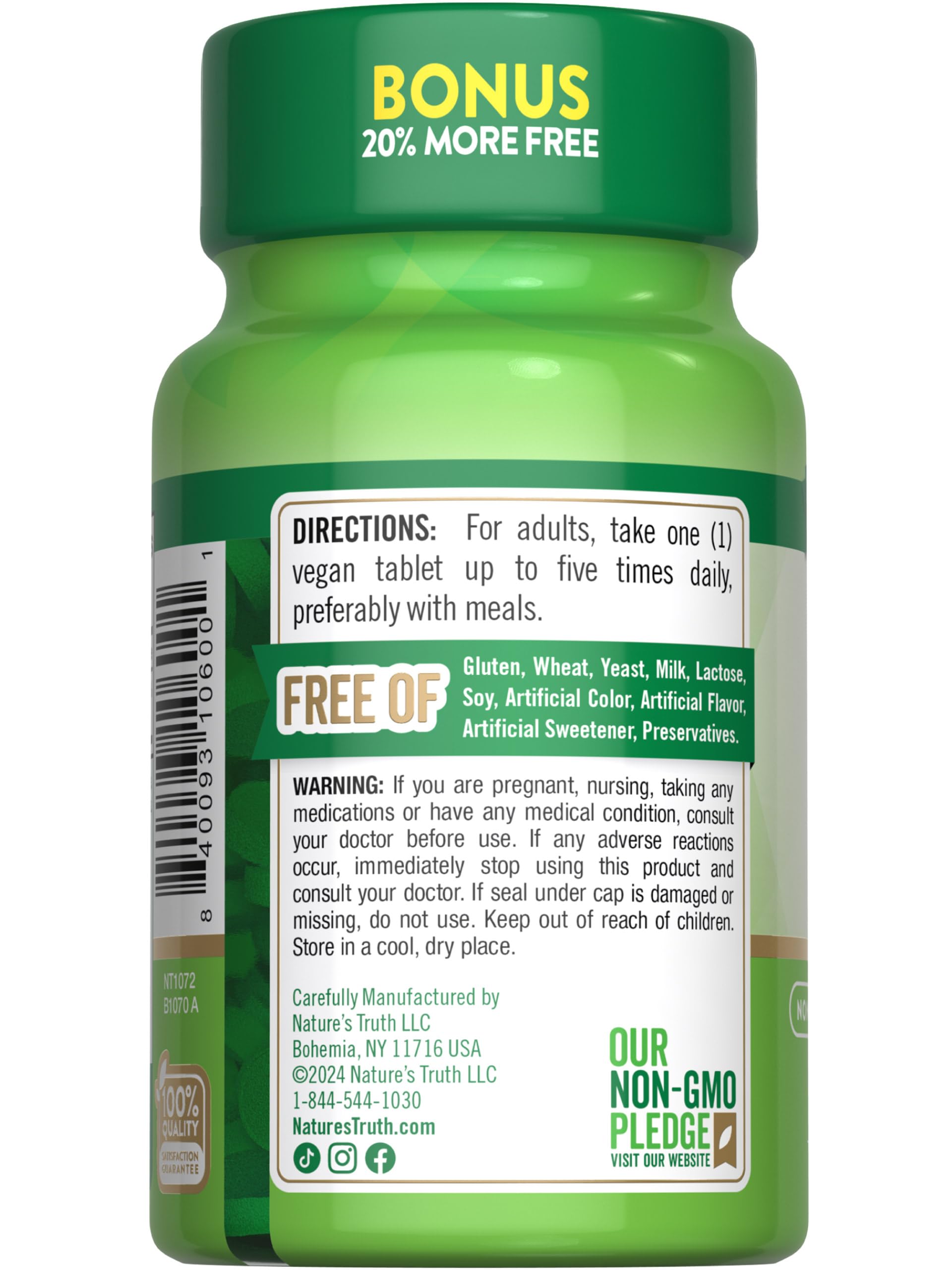 Nature's Truth B12 bottle shows gluten-free and non-GMO badges