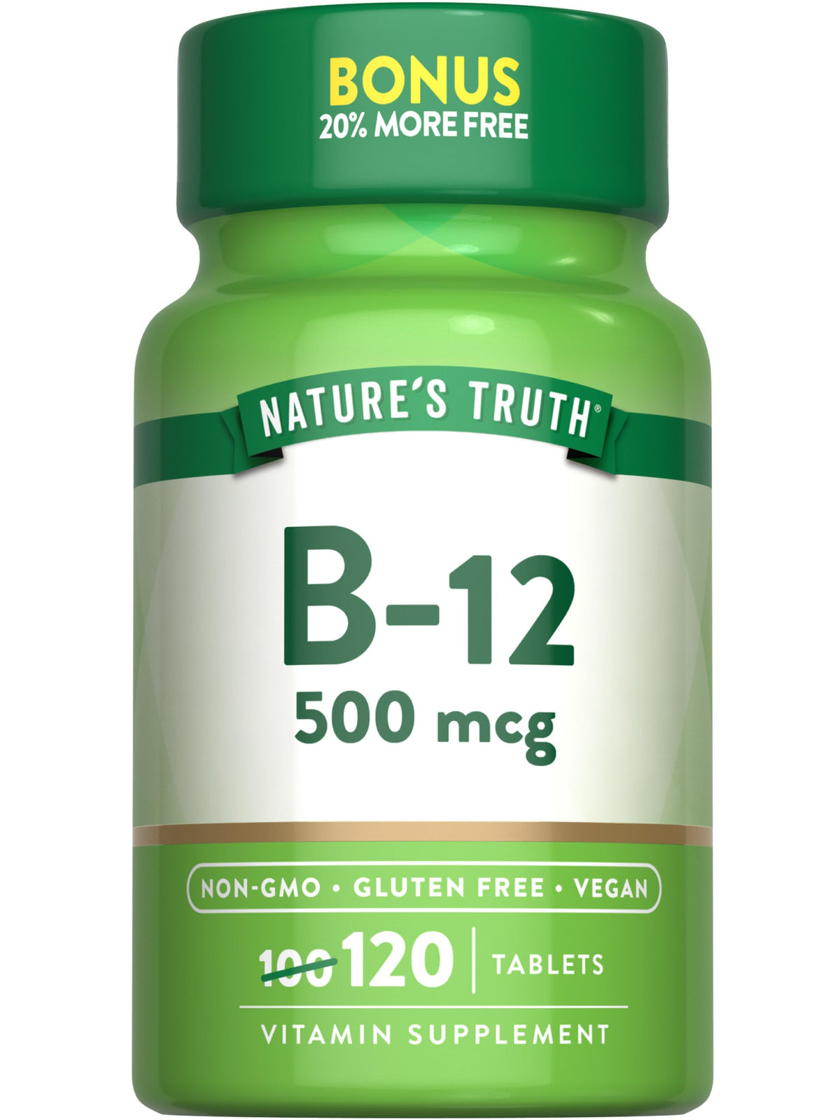 Nature's Truth B12 Vitamin bottle front view highlighting vegan and gluten-free formula