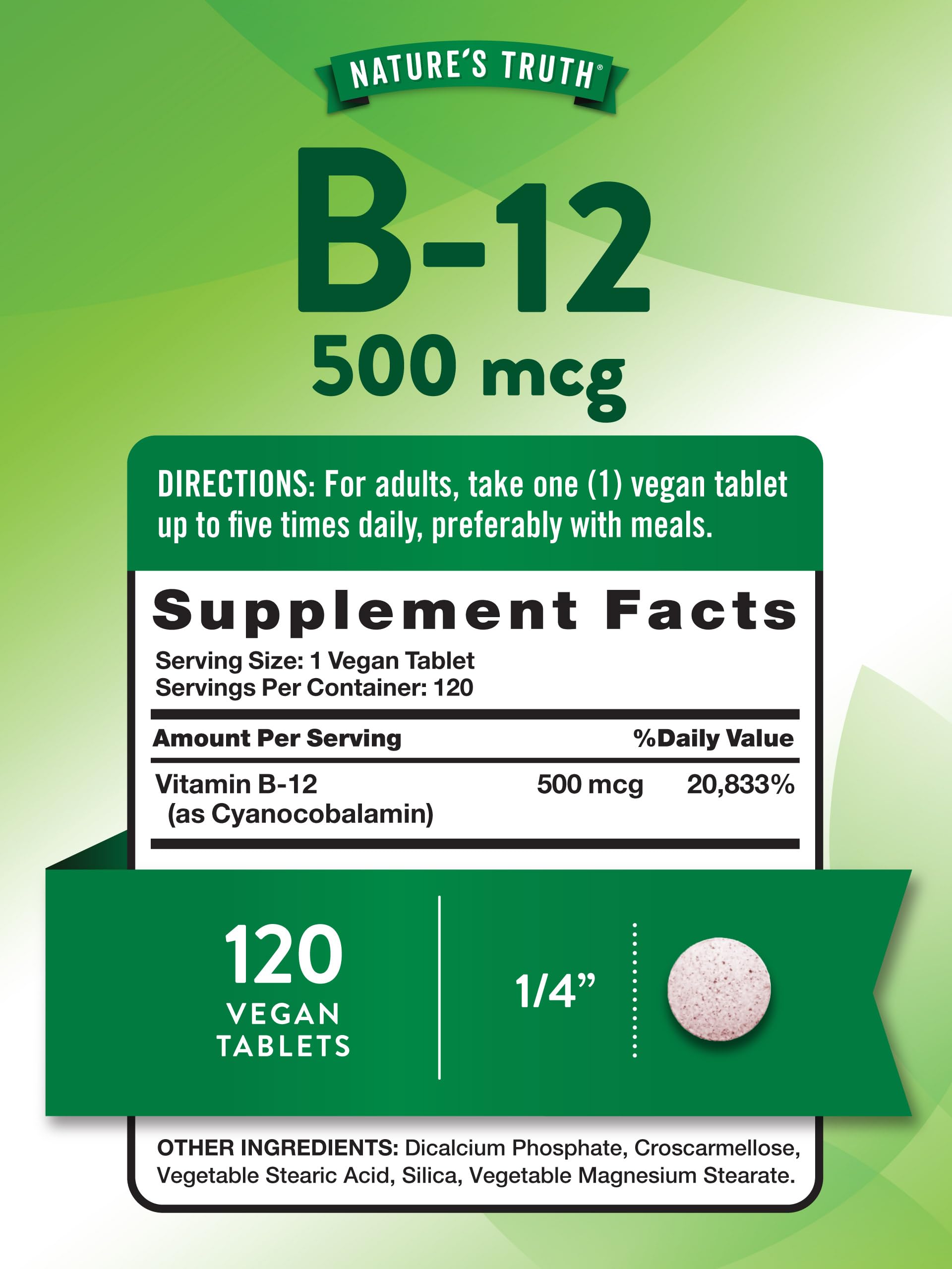 Nature's Truth B12 Vitamin bottle side view showing 120 tablets
