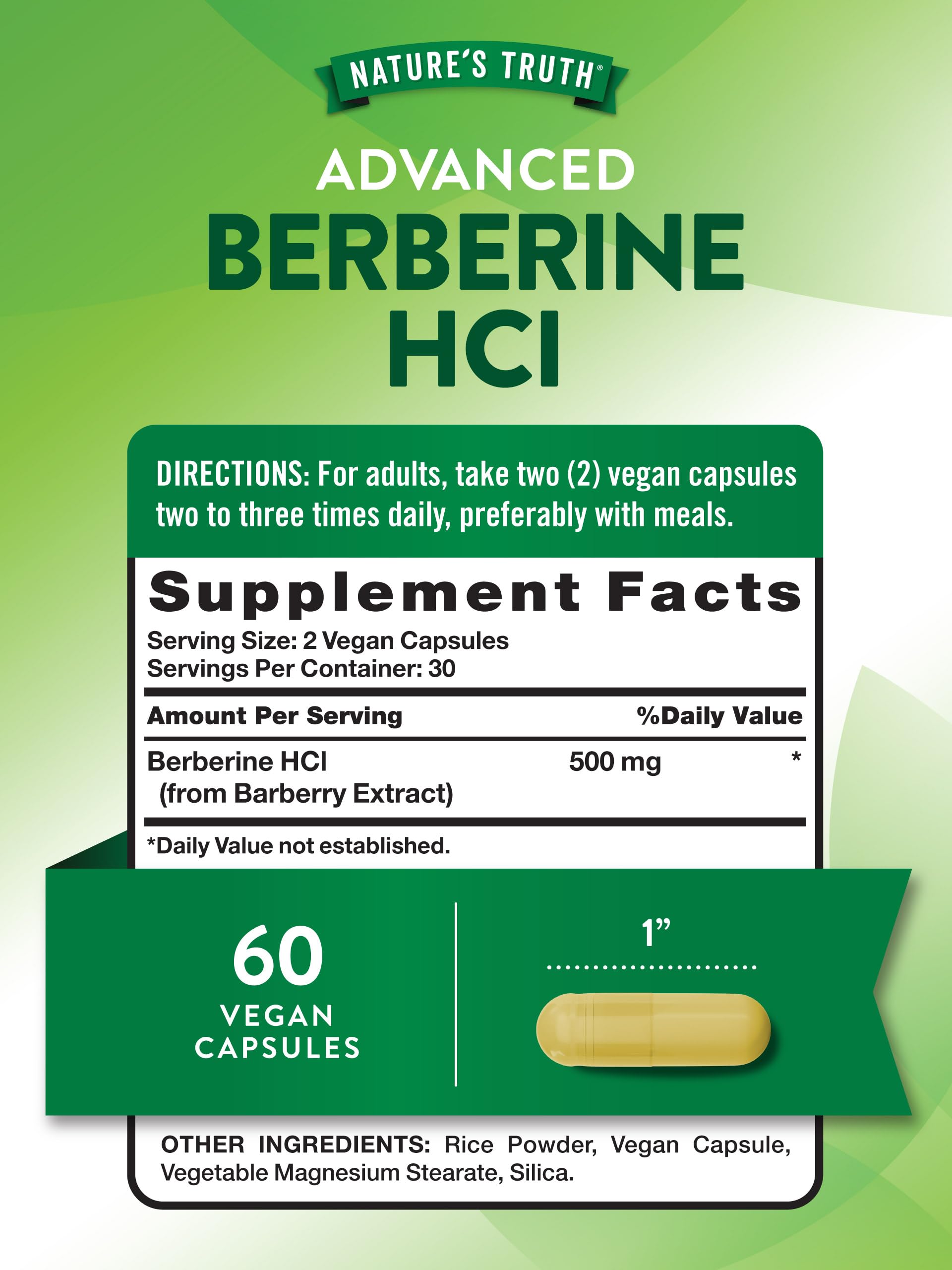 Nature's Truth Berberine bottle side view, vegan and non-GMO formula