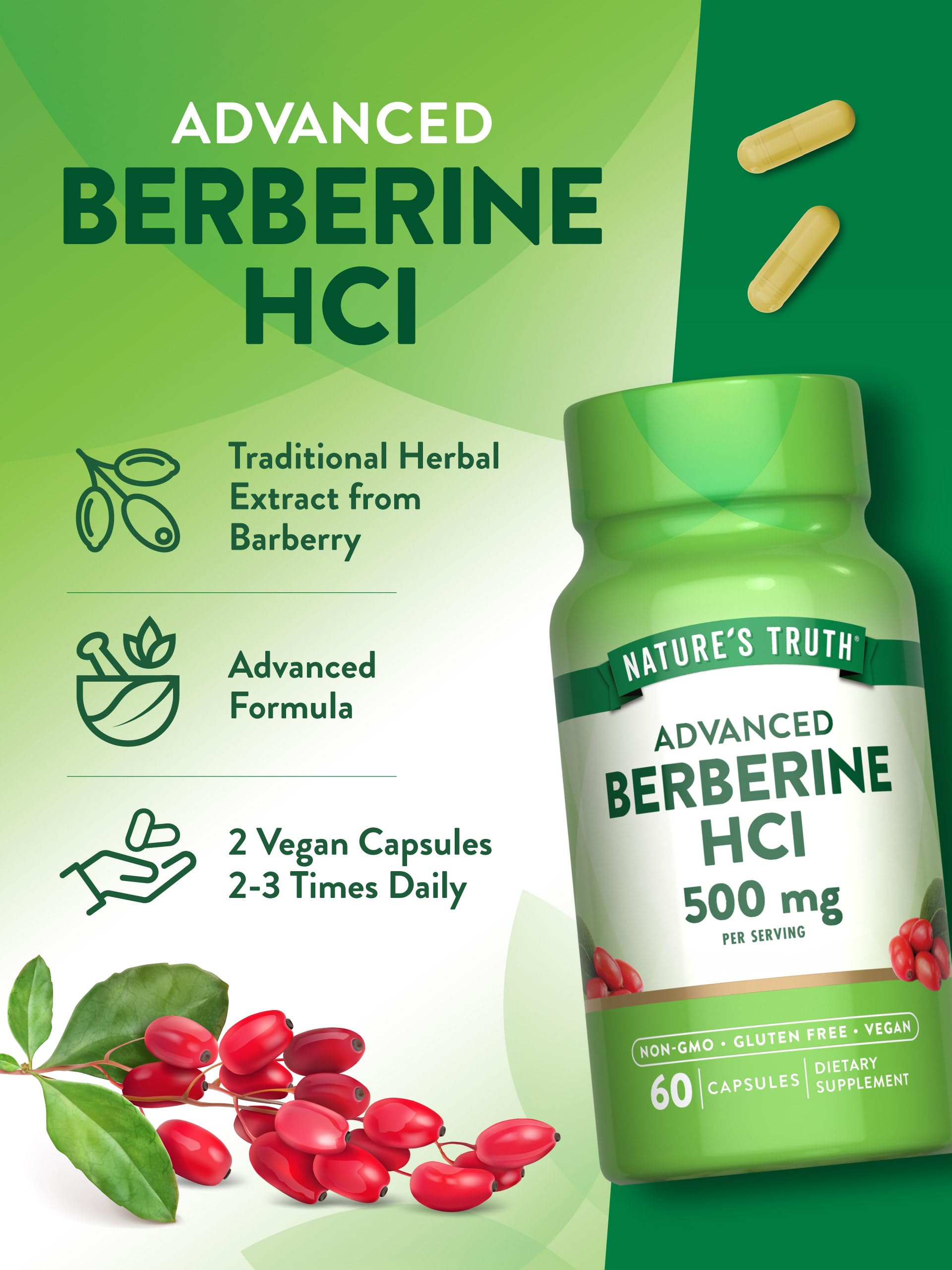 Nature's Truth Berberine capsules on white, easy-to-swallow vegan option