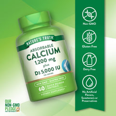 Nature's Truth Calcium + D3 bottle on shelf highlighting non-GMO and gluten-free formulation