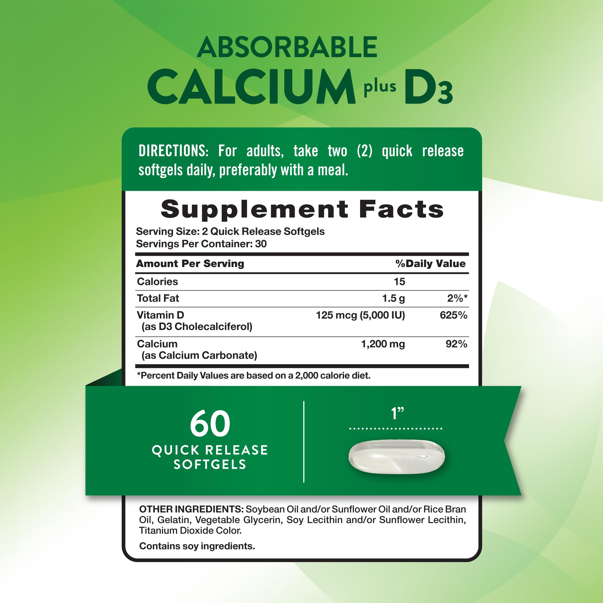 Nature's Truth calcium softgels close-up showing easy-to-swallow capsules for daily use