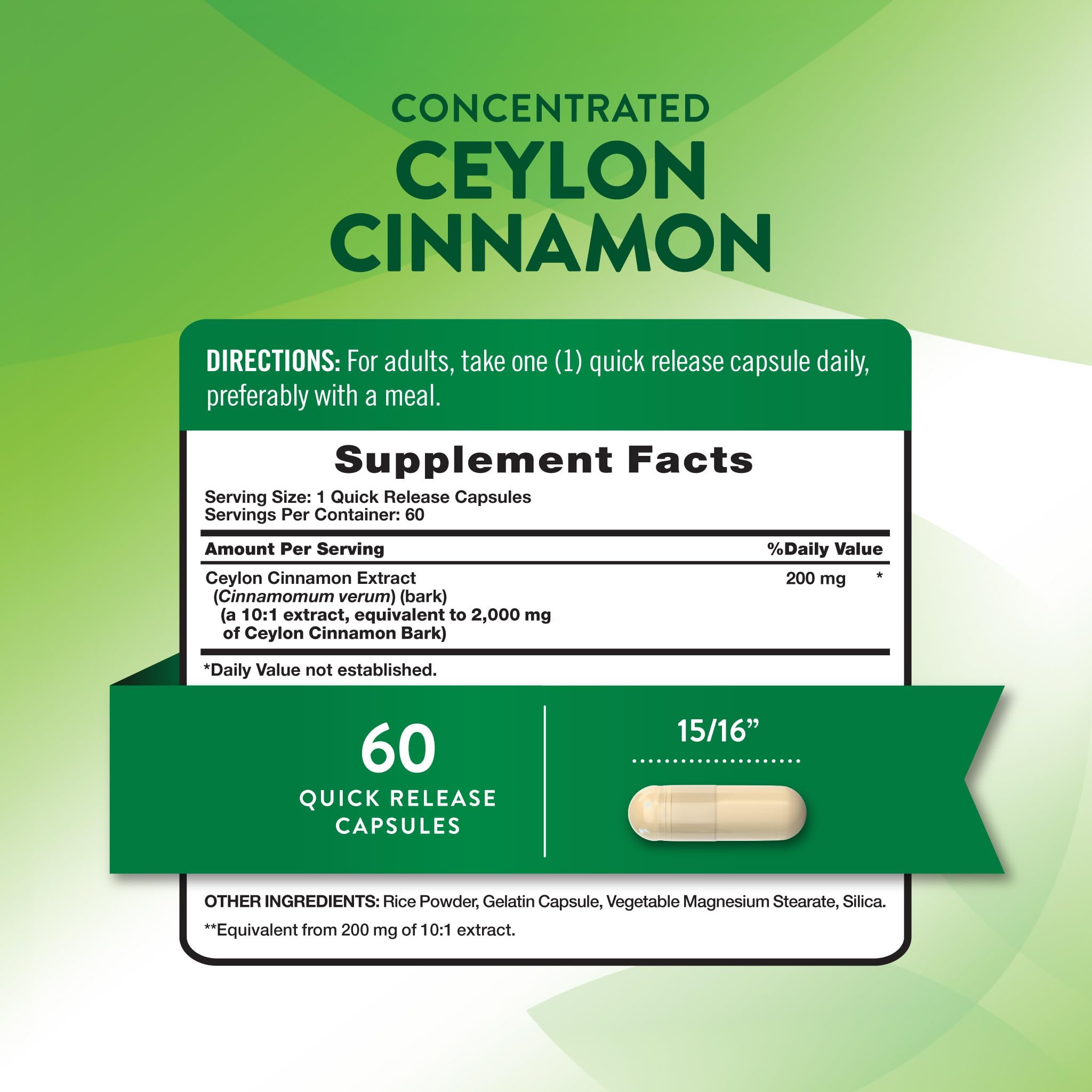 Nature's Truth Ceylon Cinnamon capsules label showing gluten-free and non-GMO claims.