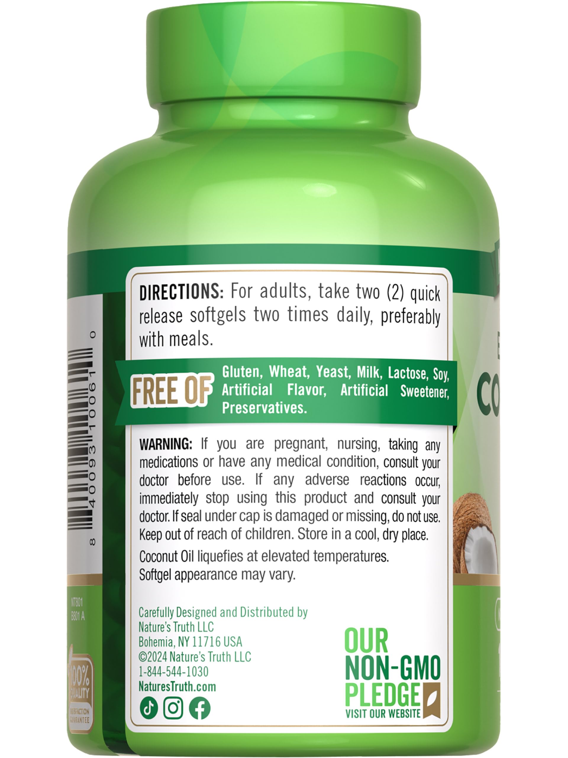 Nature's Truth coconut oil bottle on counter emphasizing gluten-free and non-GMO