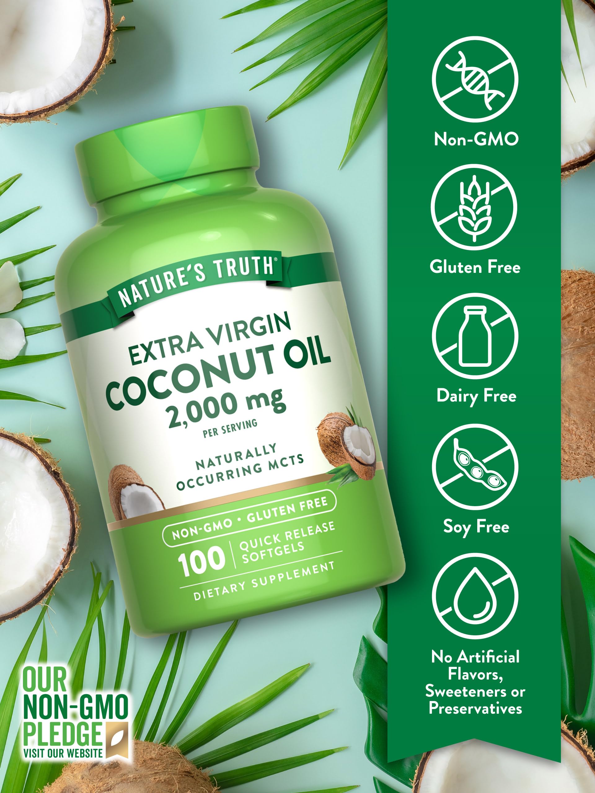 Nature's Truth coconut oil label close-up highlights non-GMO and gluten-free