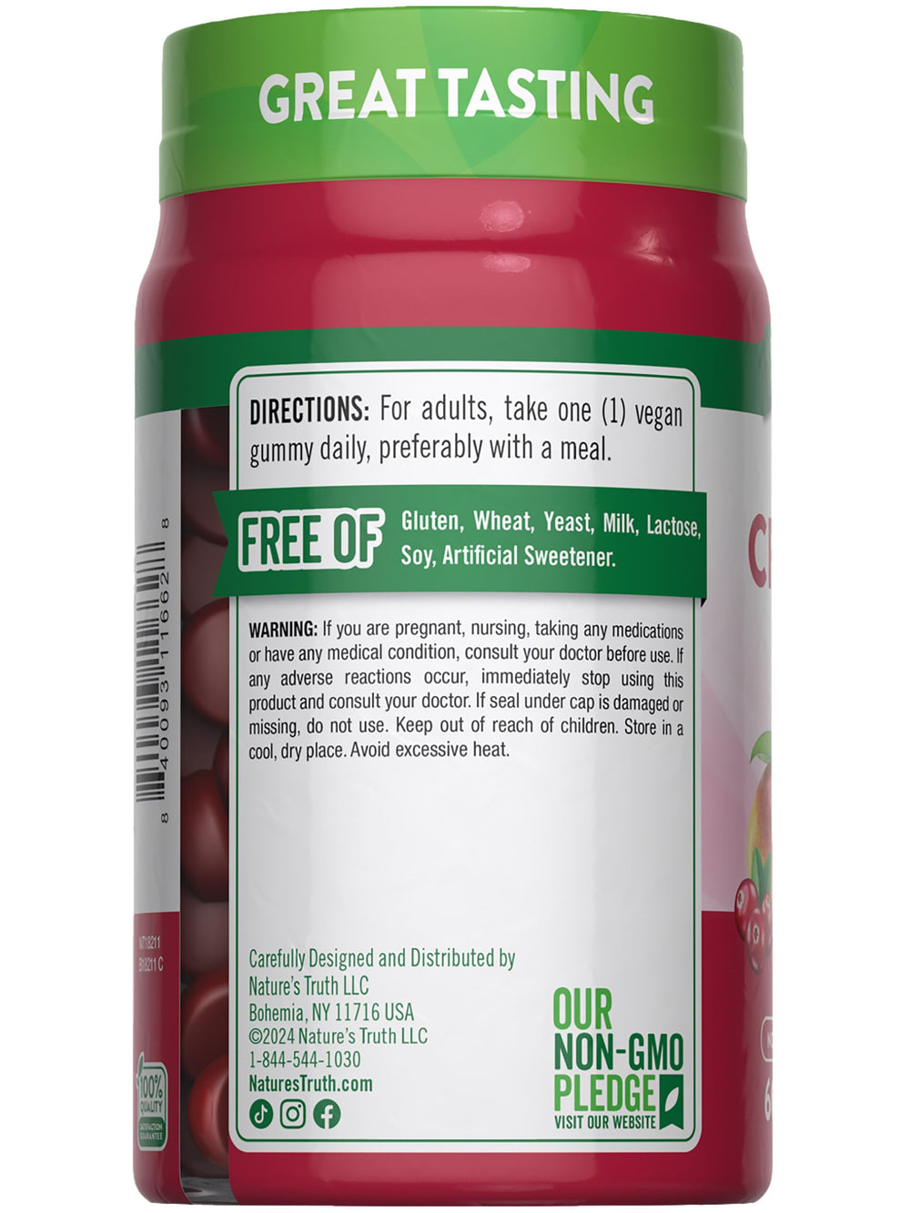 Nature's Truth Cranberry Gummies Non-GMO and gluten-free badge.