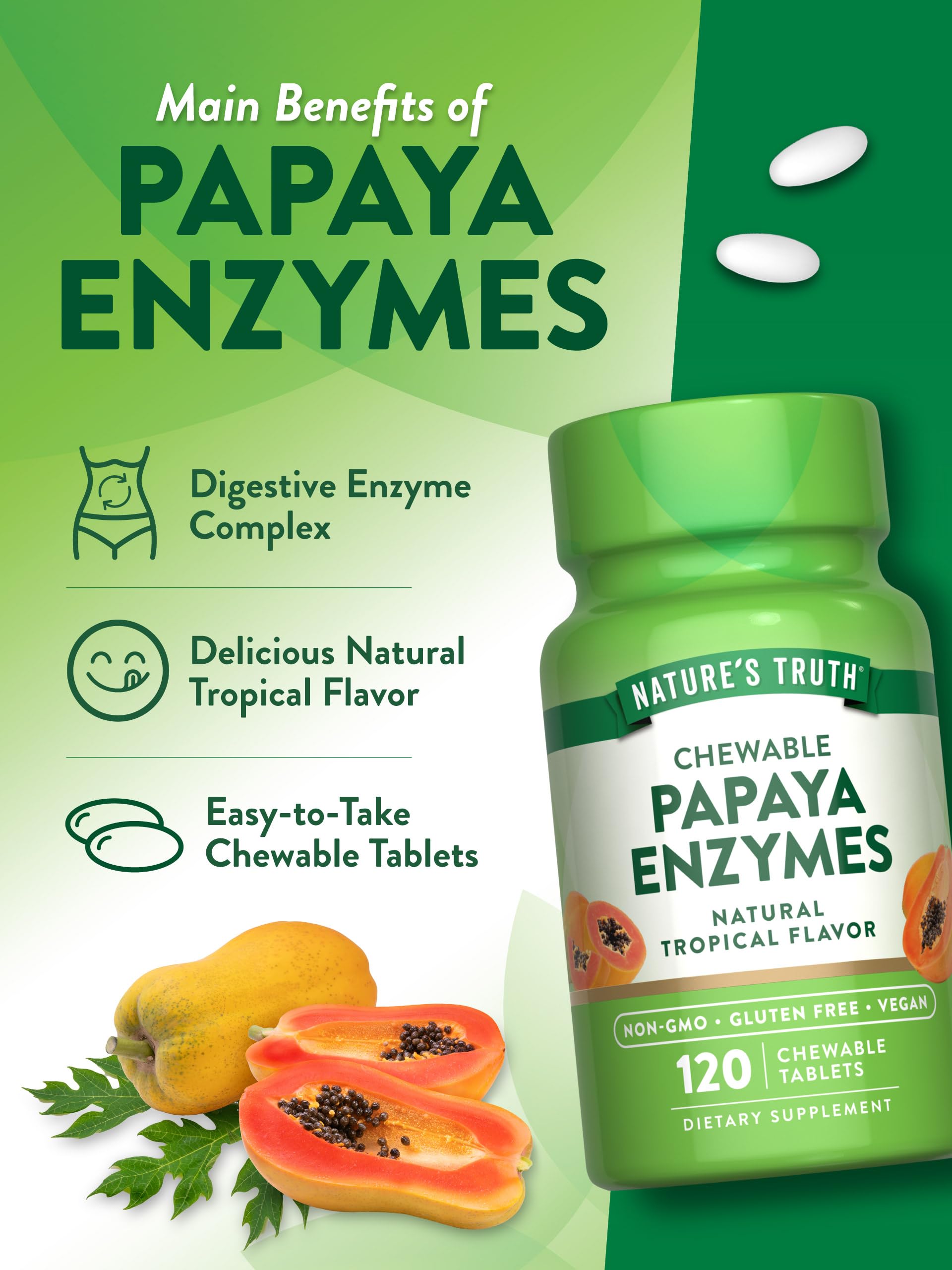 Nature's Truth enzymes diagram showing papain, protease, and alpha-amylase for digestion