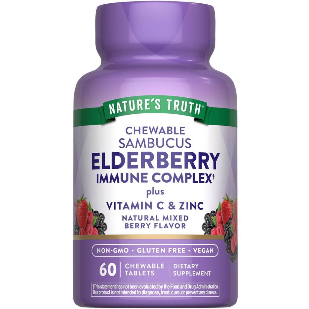 Nature's Truth Elderberry Immune Complex tablets on bottle offering daily wellness support.