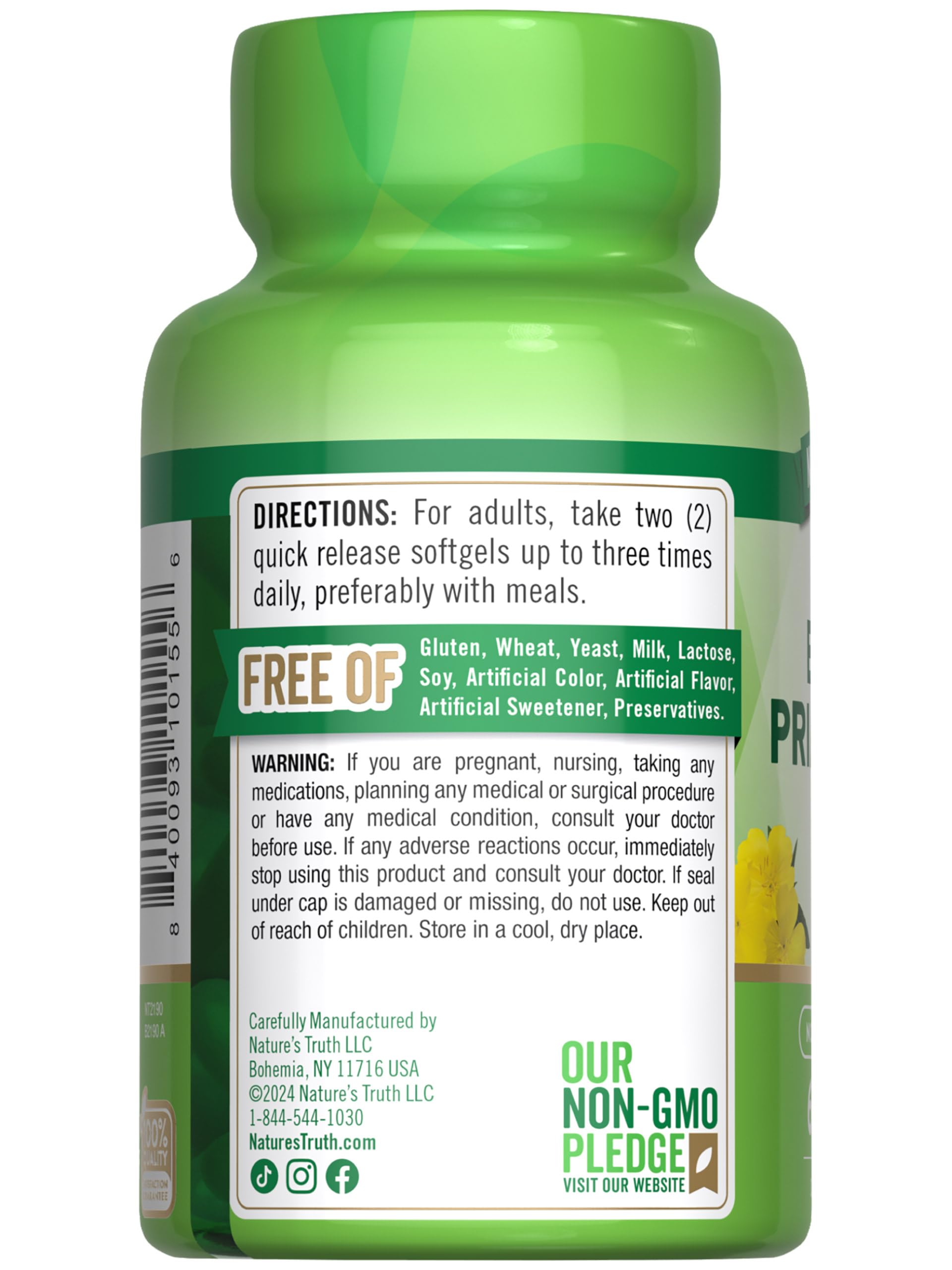 Nature's Truth Evening Primrose Oil softgels capsule close-up, demonstrating easy swallowing