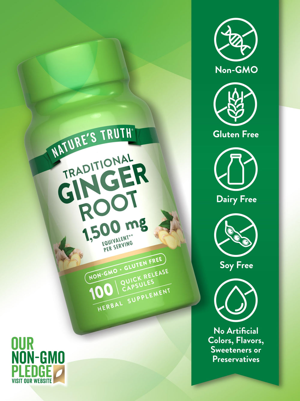 Nature's Truth Ginger Root Capsules label highlights gluten-free, non-GMO quality you can trust.