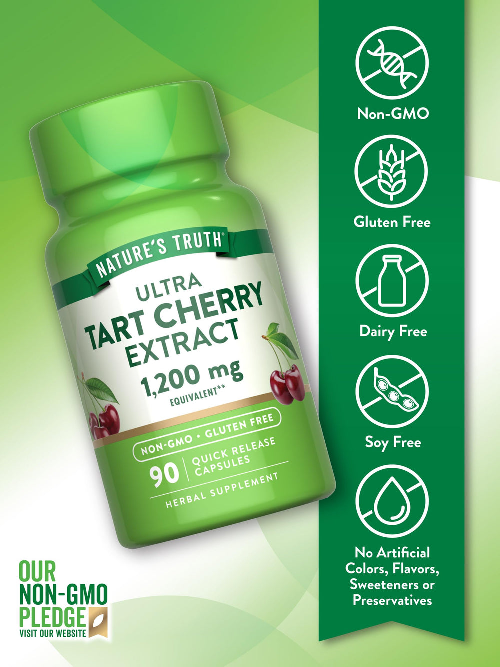 Gluten-free and non-GMO badge on Nature's Truth Tart Cherry Extract packaging