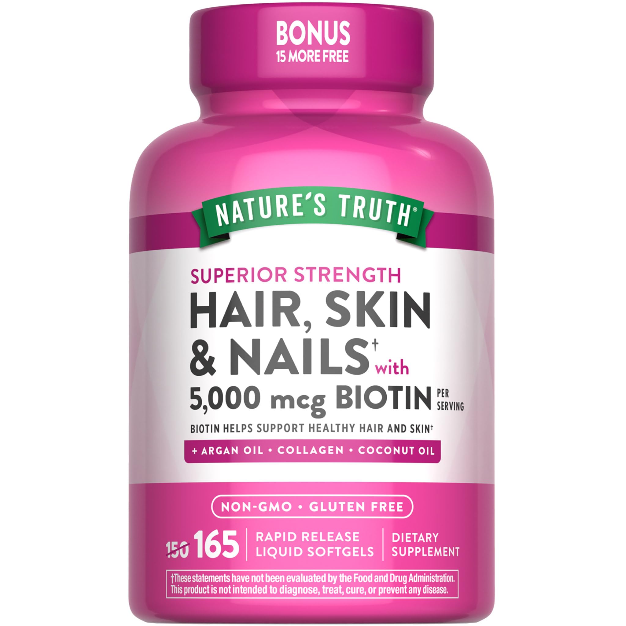 Nature's Truth Hair Skin Nails bottle label showing 5,000 mcg biotin per serving.