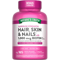 Nature's Truth Hair Skin Nails bottle label showing 5,000 mcg biotin per serving.