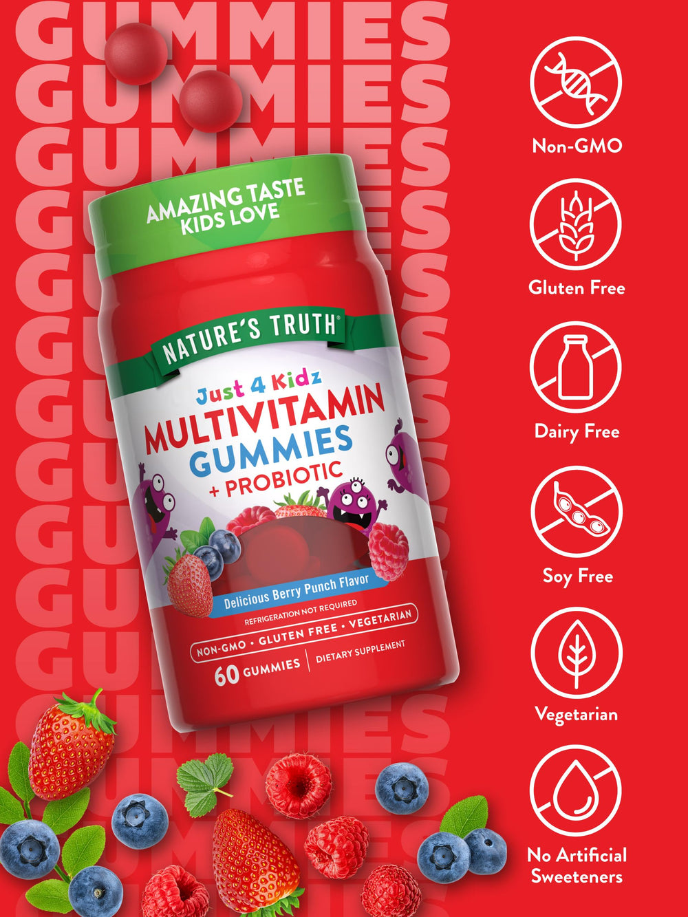 Nature's Truth Kids Multivitamin Gummies probiotic blend ingredients for daily support.