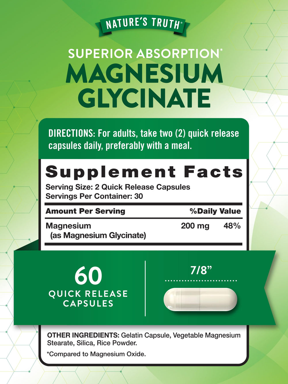 Nature's Truth Magnesium Glycinate bottle close-up showing non-GMO and gluten-free formula