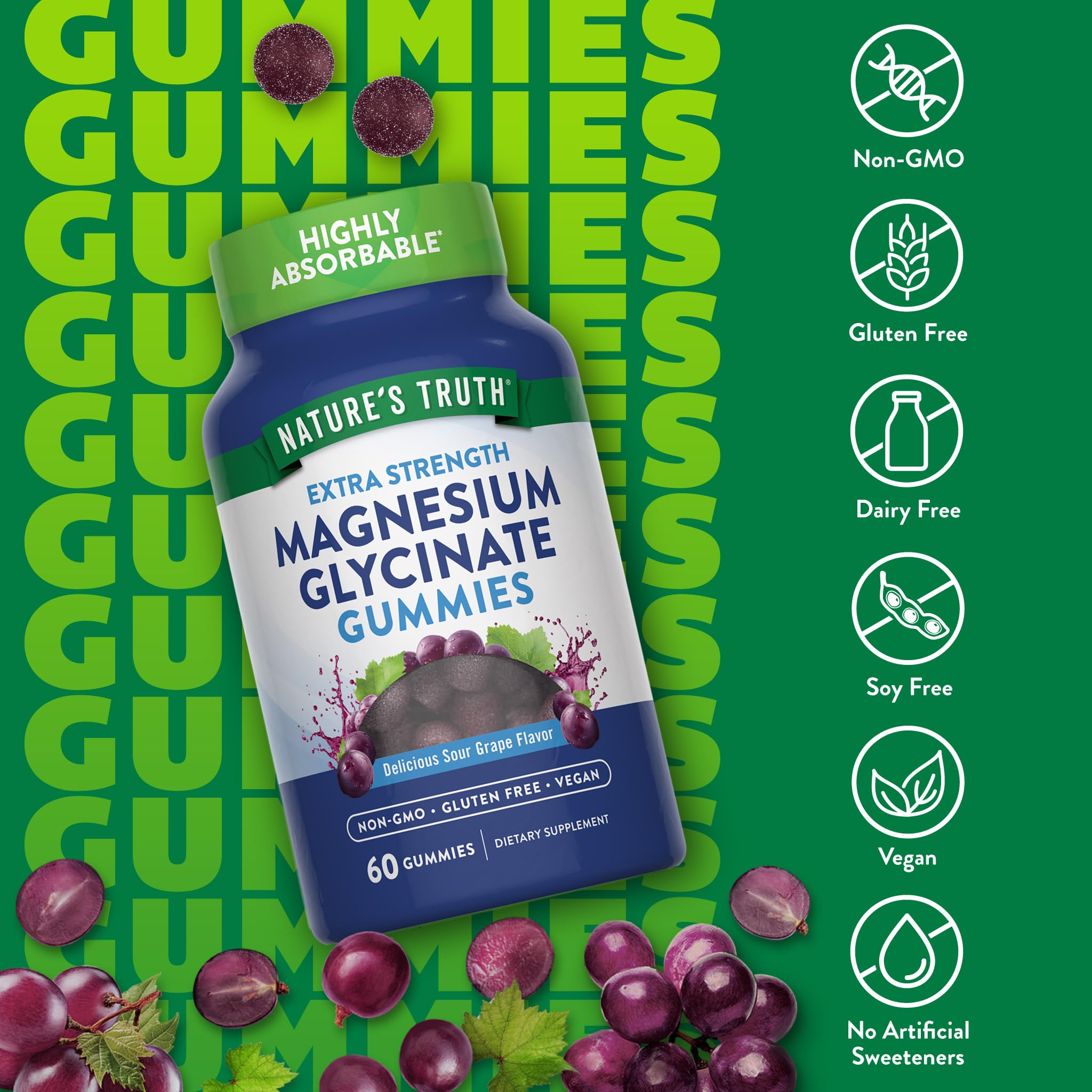 Nature's Truth Magnesium Glycinate Gummies label shows vegan, gluten-free and non-GMO attributes.