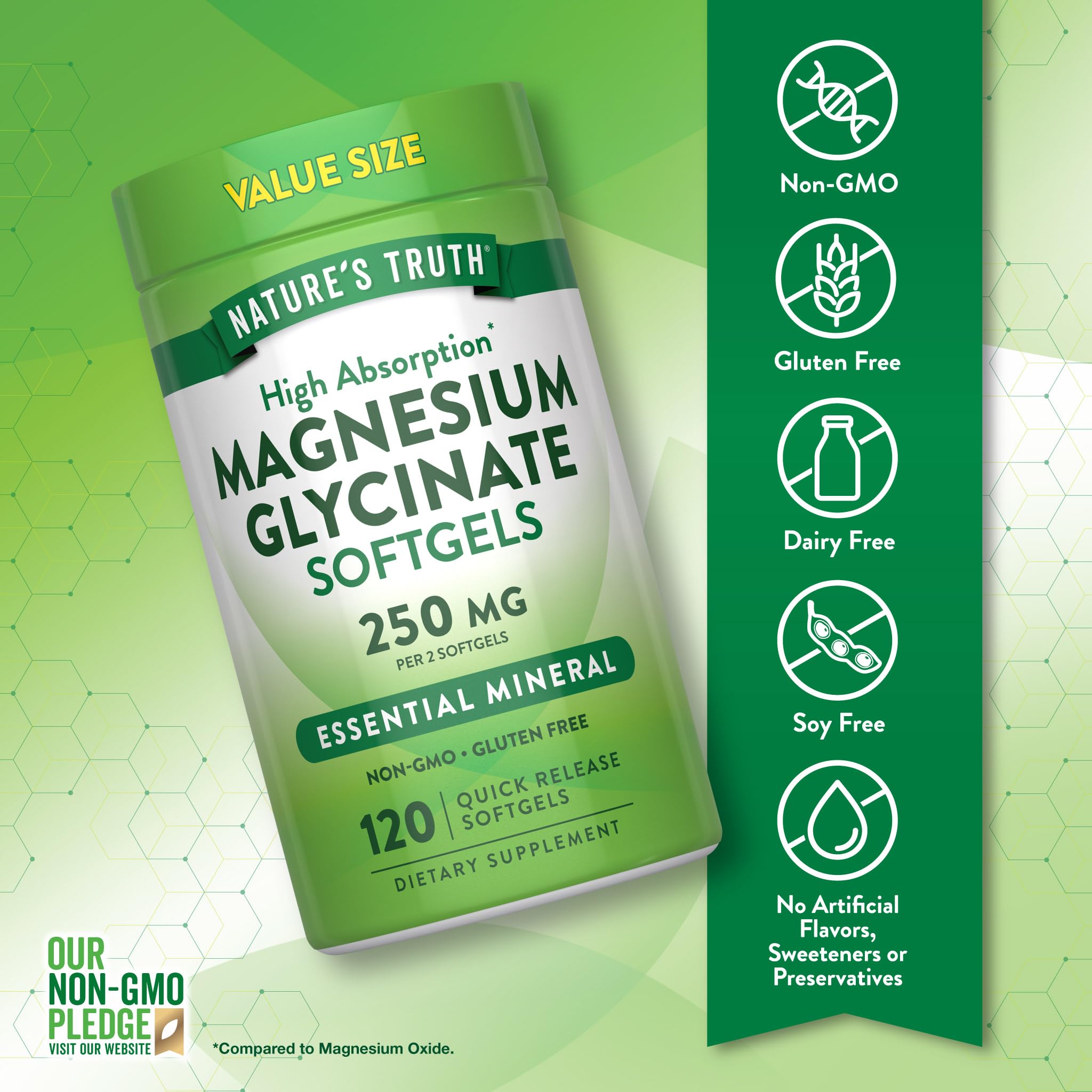Nature's Truth Magnesium Glycinate label highlights non-GMO and gluten-free status.