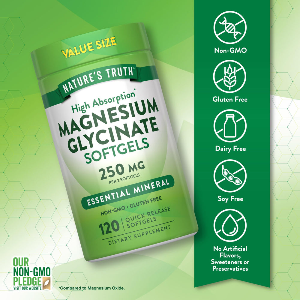 Nature's Truth Magnesium Glycinate label highlights non-GMO and gluten-free status.