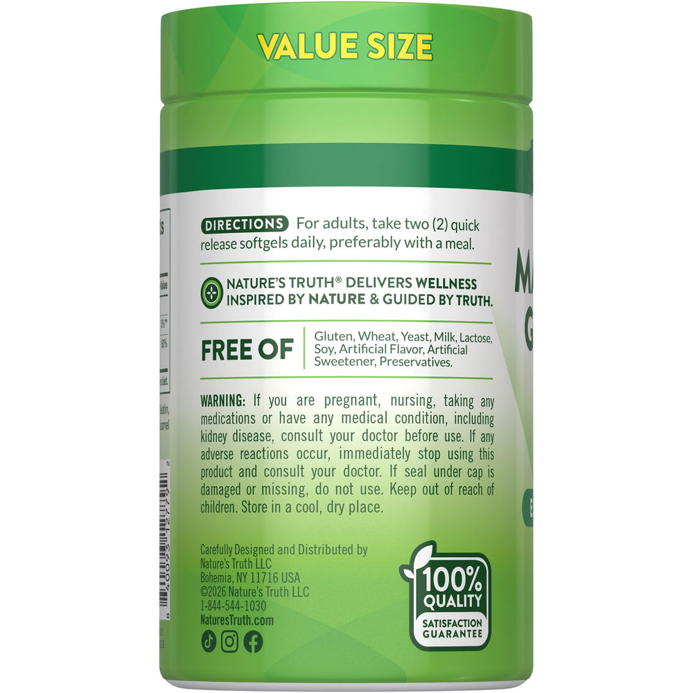 Nature's Truth Magnesium Glycinate Non-GMO icon confirms product integrity and quality.