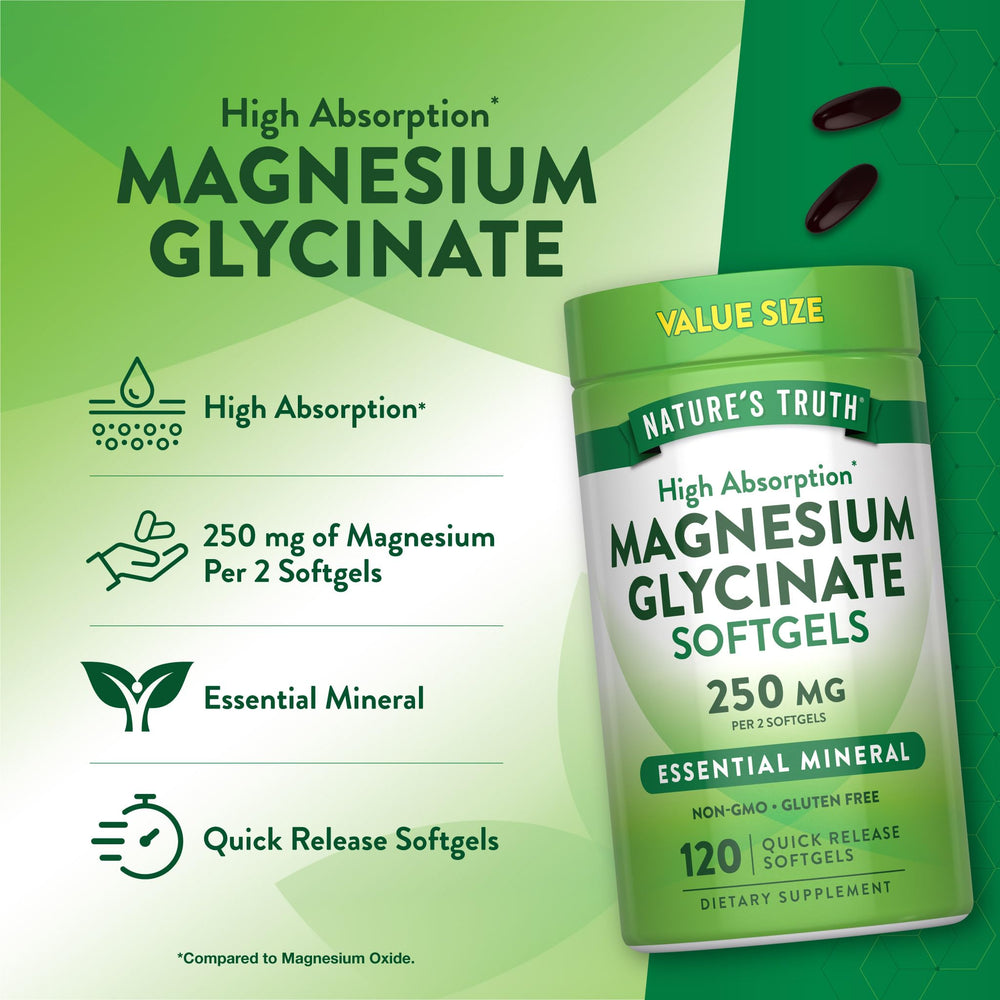 Nature's Truth Magnesium Glycinate bottle being poured demonstrates quick-release softgels.