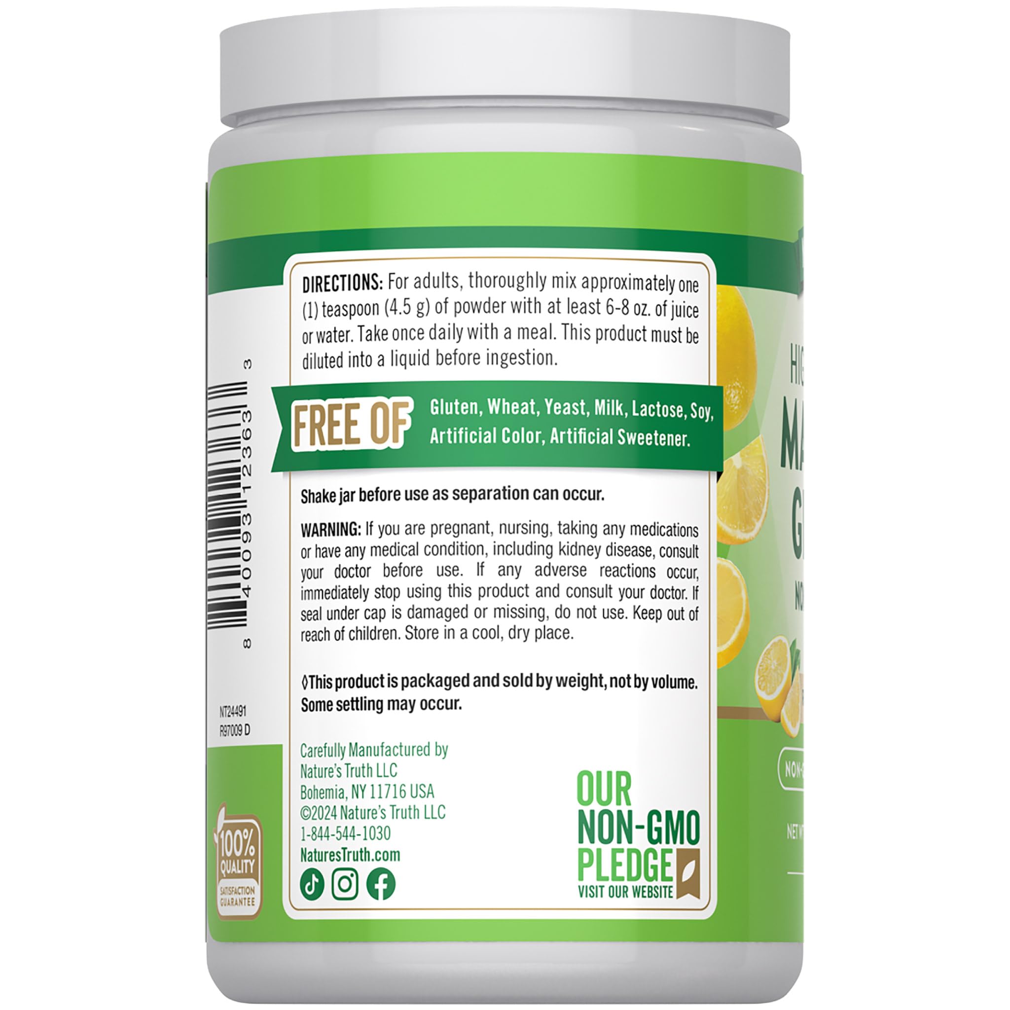 Nature's Truth magnesium glycinate powder lemon-powder dissolving smoothly in beverage