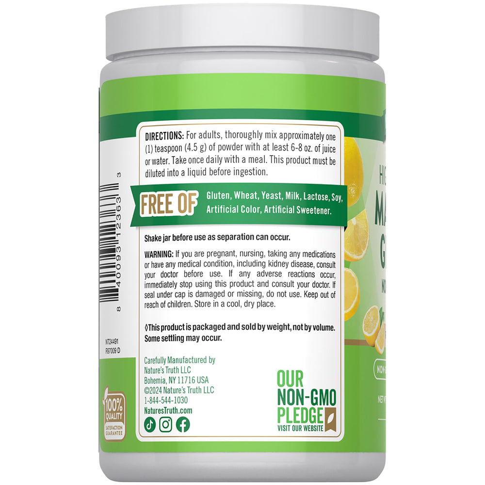 Nature's Truth magnesium glycinate powder lemon-powder dissolving smoothly in beverage