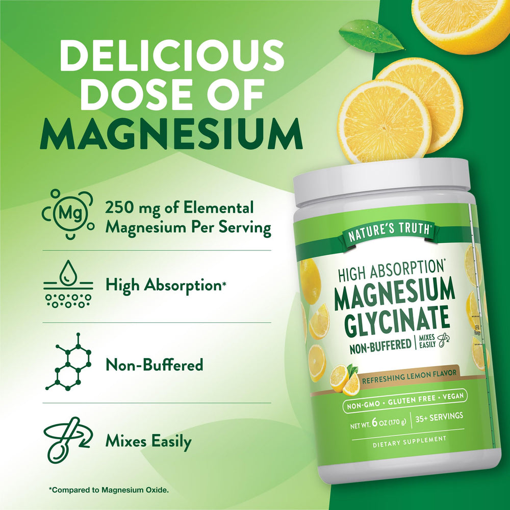Nature's Truth magnesium glycinate powder lemon-closeup with bright citrus aroma