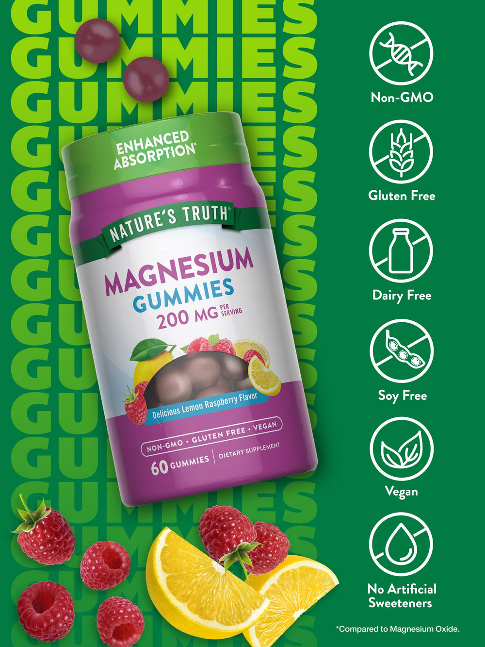 Nature's Truth Magnesium Gummies texture close-up, chewy citrus bite.